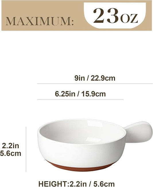 MALACASA 23 Oz French Onion Soup Bowls With Handles, Ceramic Soup Crocks for Cereal, Pasta, Beef Stew, Chilli, Oven Microwave Dishwasher Safe, Set of 4, White, Series TARA