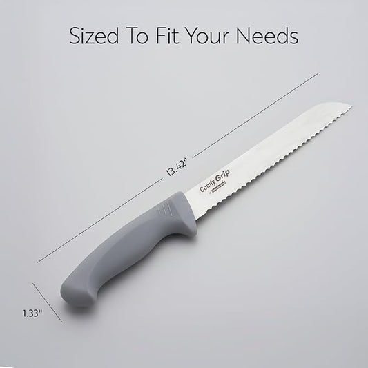 Restaurantware Comfy Grip 8 Inch Bread Knife 1 Sharp Serrated Knife - Ergonomic Handle Non-Slip Grip Gray Stainless Steel Bread Cutting Knife Dishwashable Slice All Types Of Bread