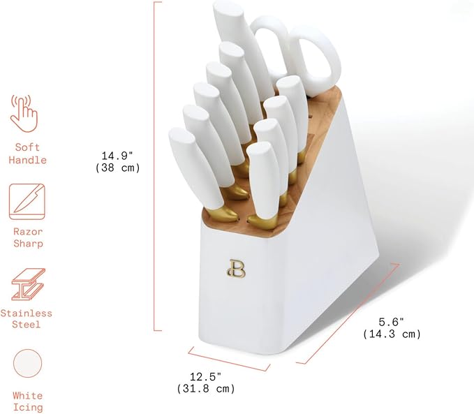 12 Piece Knife Block Set, Soft-Grip Ergonomic Handles, Stick Resistant, Razor Sharp, Comfortable, Easy Care, BPA-Free, White & Gold