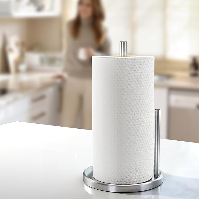 Jesginboo Paper Towel Holder Countertop, Silver Kitchen Paper Towels Holder, Paper Roll Holder with Weighted Base
