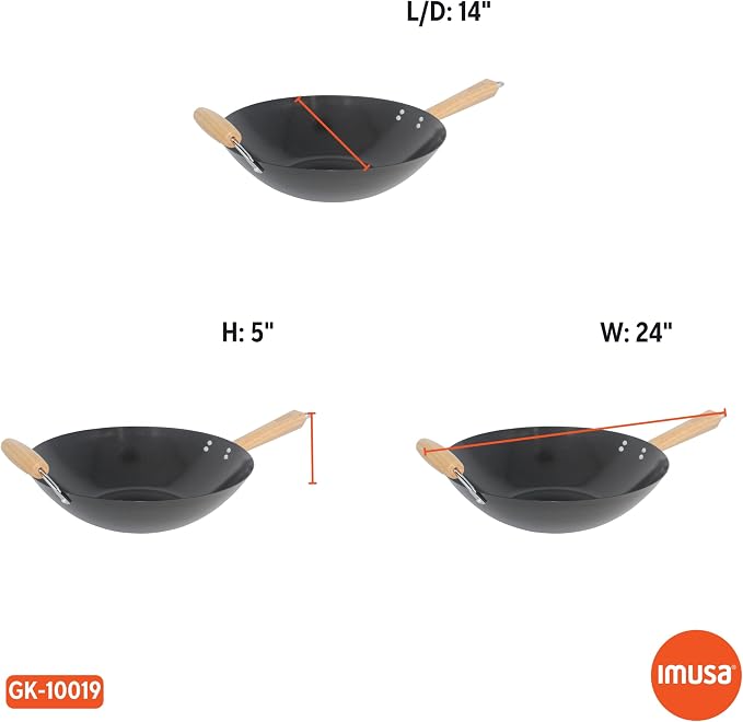 IMUSA 14 inch Carbon Steel Nonstick Wok with Wood Handles - Flat Bottom Wok Pan for Stir Fry, Fried Rice, Asian Cooking and Healthy Meal Preparation - Black Coating