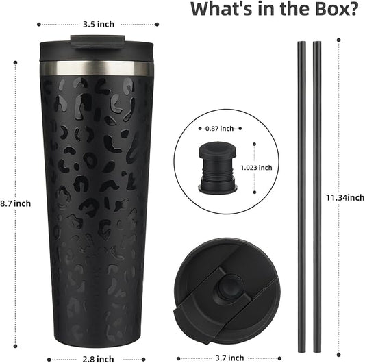 BJPKPK 26oz Insulated Tumbler With lid And Straw Stainless Steel Tumblers Travel Coffee Mug Reusable Thermal Cup,Black Leopard