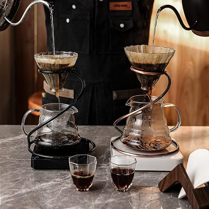 Pour Over Coffee Maker Set - Glass Dripper, Metal Stand, 600ml Heat-Resistant Server, 40 Filters - 4 in 1 for Home or Office (Bronze)