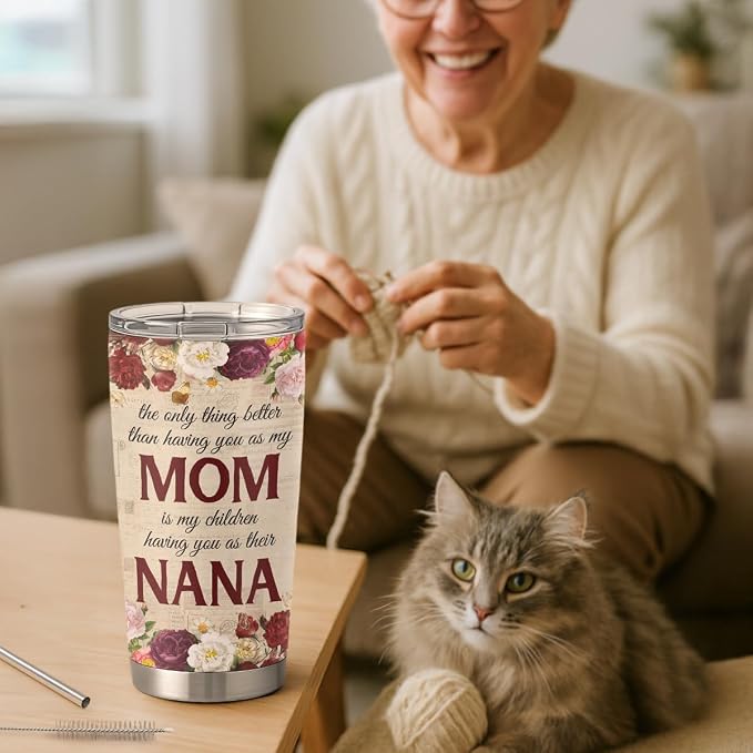 SANDJEST 20oz Insulated Tumbler for Nana, Best Nana Ever Floral Stainless Steel Travel Mug for Grandma from Grandkids