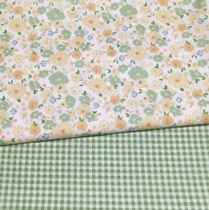 7 pcs 20" x 20" Cotton Fabric DIY Making Supplies Quilting Patchwork Fabric Fat Quarter Bundles DIY for Quilting Cotton Patchwork Cushions (Green Flowers Bow, 20" x 20")