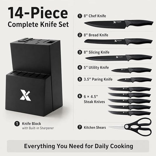 XANAPON Knife Set, 14 Pieces Kitchen Knife Set, High Carbon German Stainless Steel, Dishwasher Safe Cutlery with Built-in Knife Sharpener, Black