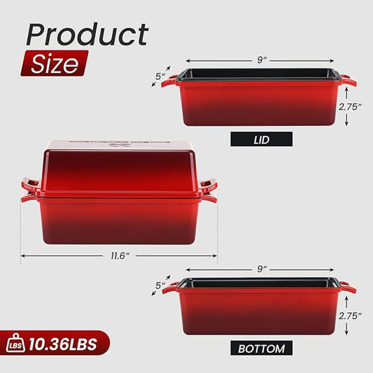 Northriver Casting 9x5 Inch Enameled Cast Iron Bread Loaf Pan with Lid, Perfect Sourdough Baking Pans | Even Heat Distribution for Homemade Bread, Cake, Meatloaf๏ผ2 Piece set๏ผRed