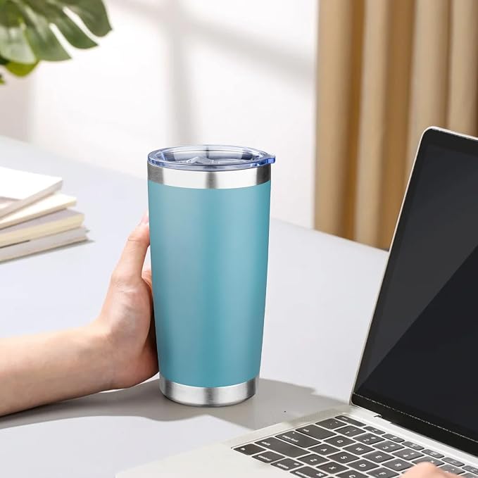 20oz Tumbler with Lid Double Wall Vacuum Insulated Travel Coffee Mug Stainless Steel Thermal Cup Powder Coated Sturdy Coffee Tumbler for Hot and Cold Beverage (Glacier blue,1)