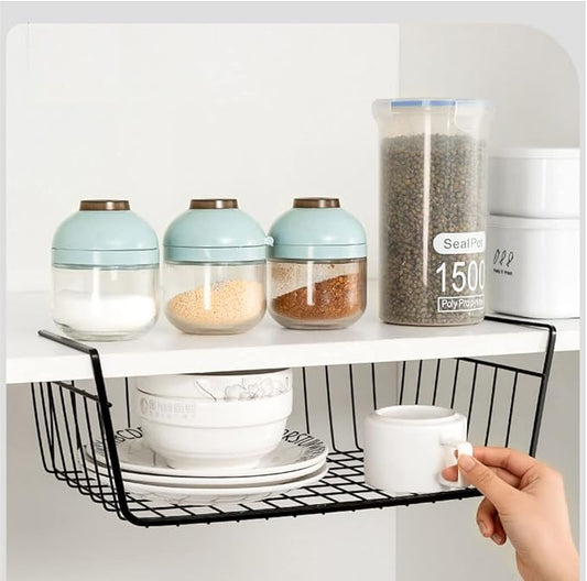 Under Shelf Storage Basket, Hanging Shelf Basket Slides Under Shelves for Storage Metal Under Cabinet Shelf Basket Organizer for Kitchen Pantry Desk Bookshelf (Black Pack of 4)