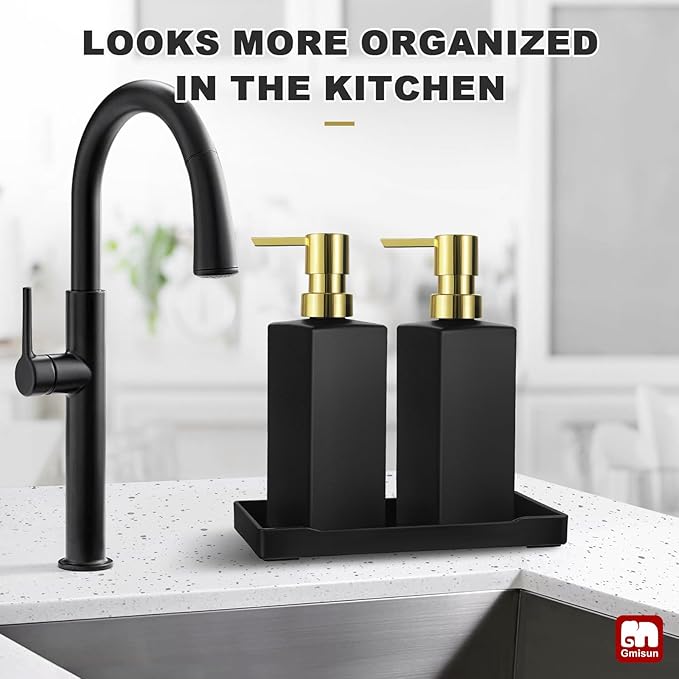 GMISUN Kitchen Soap Dispenser Set with Tray, Dish Soap Dispensers for Kitchen, 12fl oz/350ml Hand and Dish Soap Dispenser Set, Black Soap Dispensers with Gold Pump, Glass Liquid Soap and Lotion Bottle