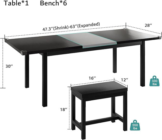 iPormis 7-Piece Extendable Dining Table Set with 6 Stools, 63" Kitchen Table Set for 4-8, Modern Dining Room Table with Sturdy Metal Frame, Space-Saving Dinette, Black