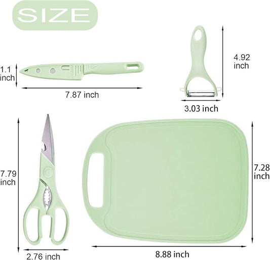 Magicorange Travel Cutting Board Set, 4 Pcs Portable Mini Camping Plastic Cutting Board Set & Stainless Steel Knife with Sheath, Fruits & Vegetable Peeler Scissors (Green)