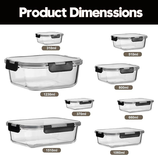 8 Pack Glass Meal Prep Containers with Lids, Extra Thick Airtight Food Storage Set (310ml-1510ml/10.5oz–51oz), Leakproof Lunch Boxes for Leftovers