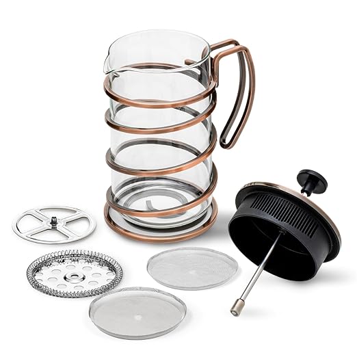 OVENTE French Press Coffee Maker 34 Ounce with Heat Resistant Borosilicate Glass, Stainless Steel Design and 4-Level Filter System, Portable Cold Brewer Pot for Travel, Camping or Gift, Copper FSW34C