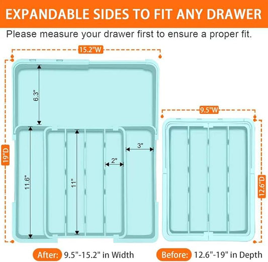 Spaclear Silverware Organizer - Expandable Silverware Drawer Organizer Adjustable Drawer Organizer, Silverware Tray for Drawer15.2"x 19" Cutlery Drawer Organizer, Kitchen Organizers Storage, Turquoise