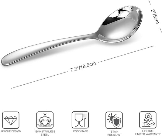 KEAWELL Premium 7.3 Inches Soup Spoons with Hook Handle, Set of 4, 18/10 Stainless Steel, Deep Bowl, Perfect for Ramen, Pho, Miso, Dumplings, Noodles, Wonton, Dishwasher Safe (Round-Handle)