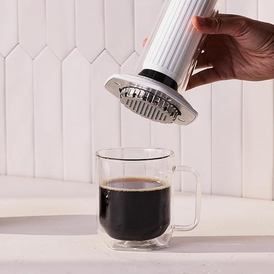 AeroPress Premium Coffee Press, Glass, Stainless Steel & Aluminum Coffee Maker, all-in-One French Press, Pour-Over & Espresso-Style manual brewer, 2 min brew for less bitterness, more flavor (White)
