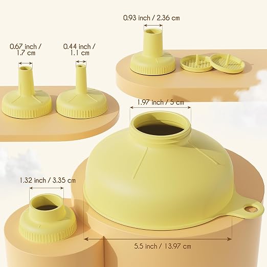 Wide Mouth Versatile Funnel, Canning Funnels for Kitchen Use, Food Grade Plastic Cooking Funnel Set with 4 Size Spouts and 2 Strainers for Filling Different Bottles and Bags, Yellow