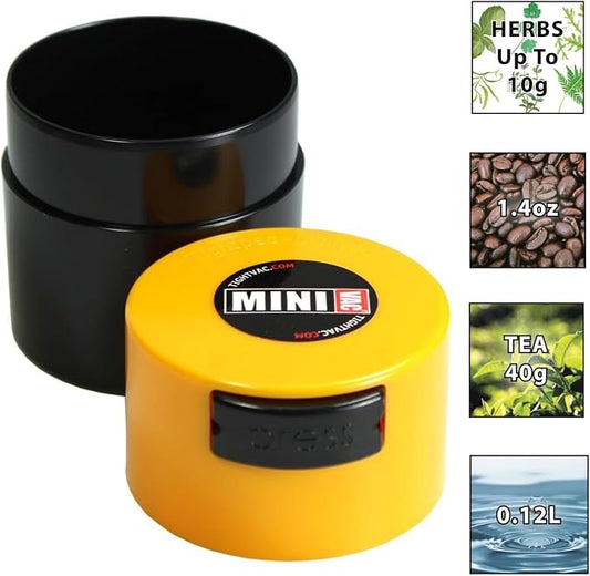 Minivac - 10g to 30 grams Airtight Multi-Use Vacuum Seal Portable Storage Container for Dry Goods, Food, and Herbs - Yellow Cap & Black Body