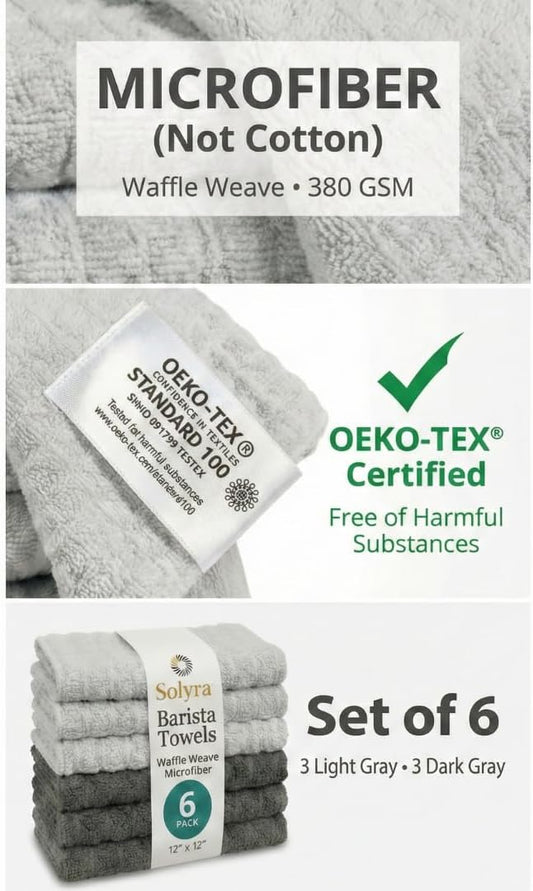 Solyra Barista Towels, 6 Pack, 12" x 12", Dark & Light Gray | Oeko-Tex Certified, Barista Microfiber Cloth, Espresso Towels