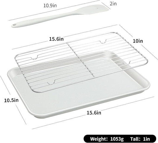 7PCS Nonstick Baking Sheet Set - 10x15in Jelly Roll Pan with Wire Rack, Silicone Spatula & 4 Cookie Cutters, Thickened Carbon Steel, Oven Safe 450°C, Salted Gray