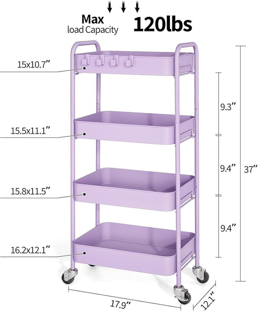 TOOLF 4-Tier Rolling Cart - Metal Storage Organizer with Lockable Wheels, 44 lbs Per Shelf Capacity, Tool-Free Assembly, for Kitchen Bathroom Office Laundry Room Nursery, Purple