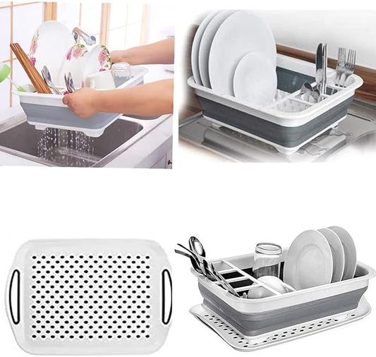 Ahyuan Collapsible Dish Drying Rack Portable Dinnerware Drainer Organizer for Kitchen RV Campers Travel Trailers Space Saving Kitchen Storage Rack with Drainboard Tray