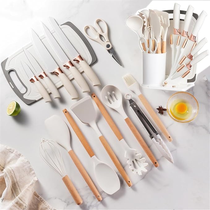 19 Pieces Kitchen Cooking Utensils and Knife Set with Holder Block, Include 11 Pcs Silicone Cooking Utensils 5 Pcs Sharp Stainless Steel Knives Scissors Whisk Tongs and Cutting Board (WHITE)