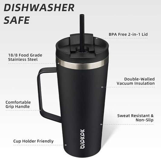 BJPKPK Insulated Tumbler with Handle, 22oz Insulated Tumblers with Lid and Straw, Stainless Steel Metal Water Bottles, Coffee Travel Mugs, Cups, Black
