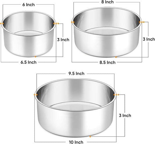 P&P CHEF 6 + 8 + 9.5 Inch Cake Pans Set, Round Baking Pan Stainless Steel Layer Birthday Wedding Cake Oven Pans, Non Toxic & Heavy Duty, Deep Side & Mirror Finish, Dishwasher Safe, (3Pcs)