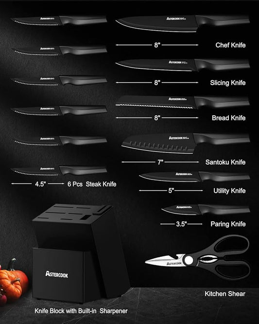 Astercook Knife Set, Kitchen Knife Set with Built-in Sharpener Block, Dishwasher Safe, 15 Pieces German Stainless Steel Knife Block Set, Black Perfect Kitchen Fathers Day Gift for Men