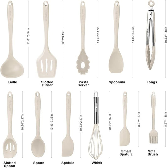 Kitchen Utensil Set - 11 Cooking Utensils - Colorful Silicone Kitchen Utensils - Nonstick Cookware with Spatula Set - Colored Best Kitchen Tools Kitchen Gadgets (Khaki)
