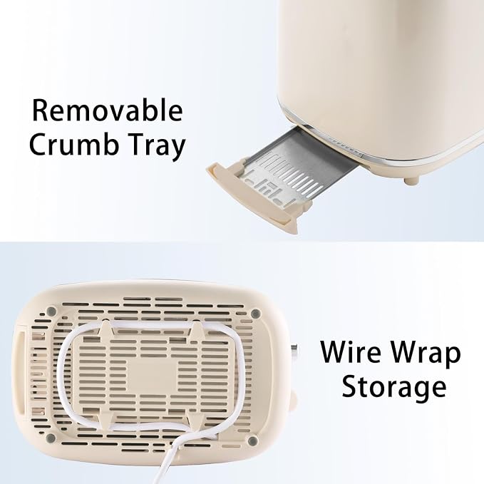 2-Slice Toaster, Wide Slots, 7 Bread Shade Settings, Stainless Steel, Bagel, Cancel, and Defrost Functions, Removable Crumb Tray, Retro Style Toaster,Beige