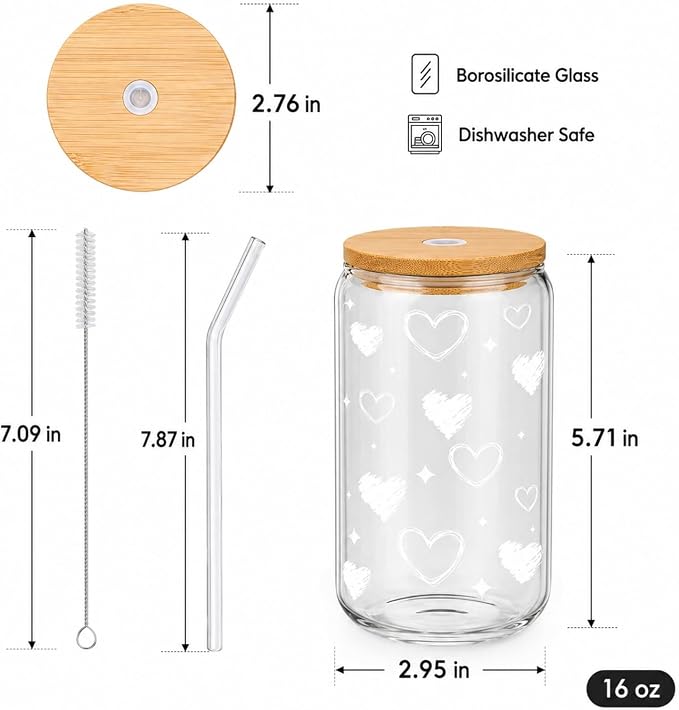 Glass Cups with Lids and Straws, 2 Pack Heart Glass Cups, 16 oz Borosilicate Iced Coffee Cups, Matching Drinkware for Best Friends, Couples, Birthday and Anniversary