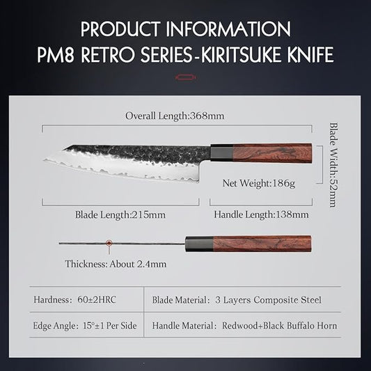 HEZHEN- 8.5” Chef Knife, 3 Layers High Carbon Clad Steel Kiritsuke Knife, Composite Forging Steel, Professional Japanese Kitchen Knife, Redwood Octagonal Handle With Wooden Knife Sheath