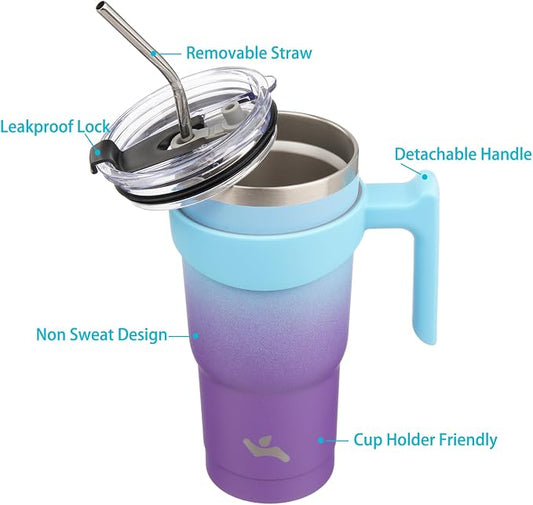 Konokyo 20 oz Tumbler with Handle and 2 Straw 2 Lid, Insulated Water Bottle Stainless Steel Vacuum Cup Reusable Travel Mug,Ocean Dream