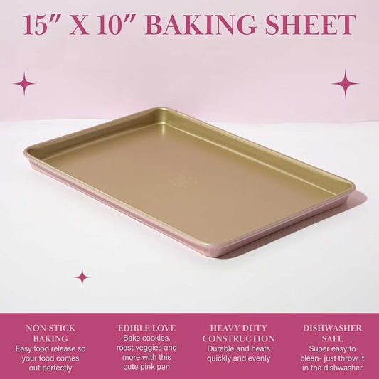 Paris Hilton Nonstick Carbon Steel Bakeware Collection, 15-Inch x 10-Inch Cookie Baking Sheet, Dishwasher Safe, Made without PFOA and PFAS, Pink Champagne Two-Tone