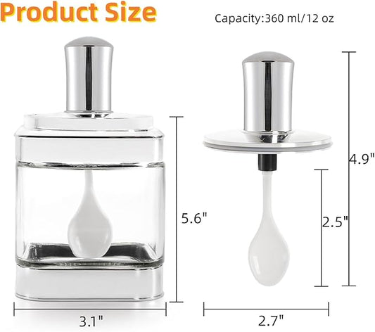 2 Pack Glass Condiment Pot, 12 Ounce Spice Jars with Spoon, Seasoning Box Set Salt Container, Sugar Dispense, Kitchen Containers for Flour and Sugar (Silver)