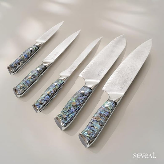 Damascus Kitchen Knife Set | 67-Layer Damascus Steel | Professional Chef Knives Set | Ergonomic Blue Shell Handle | Acacia Wood Magnetic Holder Included (Blue-3, 5-Piece Set)