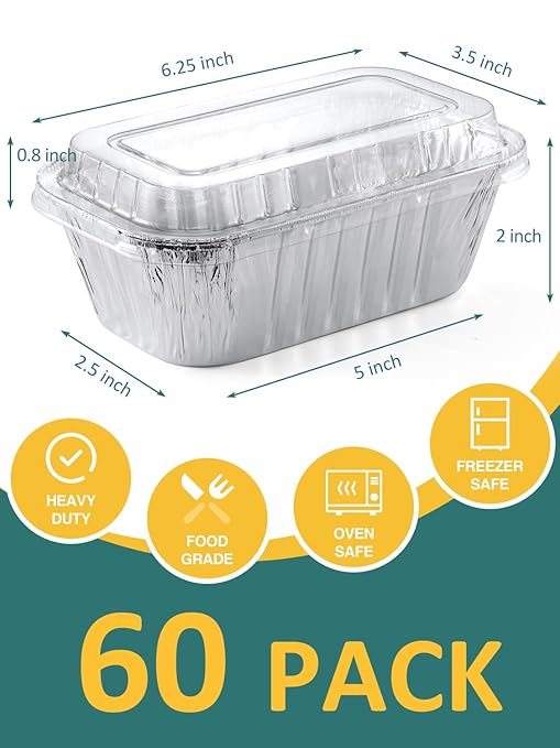 NEEBAKE 60 Pack 6x3.5x2 Disposable Aluminum Loaf Pans with Lids Small-Aluminum-Foil-Pans-Tin-Foil-Baking-Pans-Tin-Trays-Food-Containers-for-Baking-Cakes-Bread-Meat-Loaves