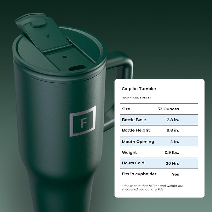 IRON °FLASK Co-Pilot Insulated Mug w/Straw & Flip Cap Lids - Cup Holder Bottle for Hot, Cold Drink - Leak-Proof - Water, Coffee Portable Travel Mug - Dark Pine, 32 Oz