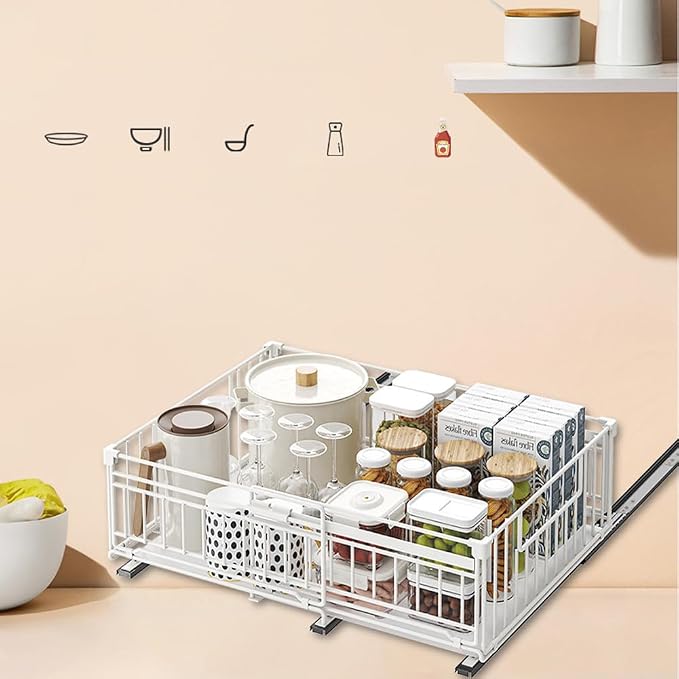 Expandable Pull Out Cabinet Organiser, No Drill Adhesive Slide Out Kitchen Drawer Shelf Durable Metal for Under Sink, Cupboard, Pantry, Adjustable Width (12.8"-19.7") (Style B White, 2 Pack)