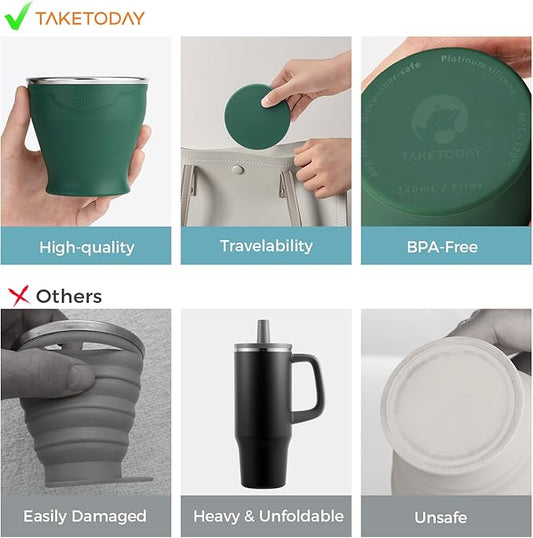 TakeToday Collapsible Travel Cup 8 oz - Silicone Foldable Water Cup, BPA-Free with Lid & Waterproof Bag - Drinking Cup Set for Camping, Outdoors & International Travel(Dark Green)
