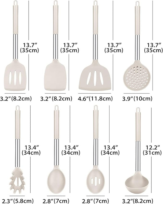 Silicone Cooking Utensil Set, 8Pcs Non-stick Cookwares with Stainless Steel Handle, BPA Free Heat Resistant Kitchen Tools with Spatulas, Turners, Spoons, Skimmer and Pasta Fork (KHAKI)