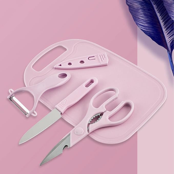 Magicorange Travel Cutting Board Set, 4 Pcs Portable Mini Camping Plastic Cutting Board Set & Stainless Steel Knife with Sheath, Fruits & Vegetable Peeler Scissors (Pink)