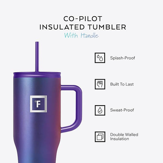 IRON °FLASK Co-Pilot Insulated Mug w/Straw & Flip Cap Lids - Cup Holder Bottle for Hot, Cold Drink - Leak-Proof - Water, Coffee Portable Travel Mug - Aurora, 32 Oz