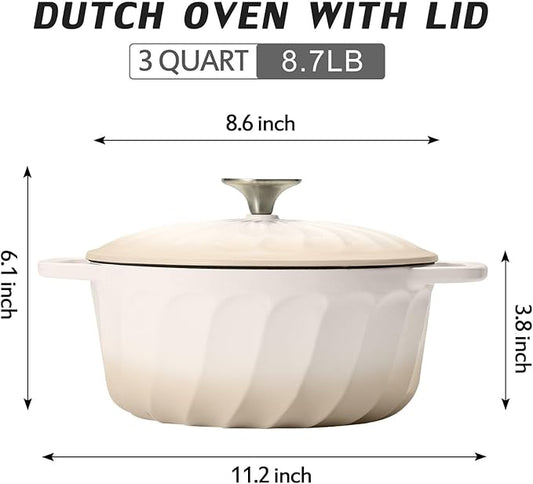 Enameled Cast Iron Dutch Oven with Lid, 3 QT Cast Iron Dutch Oven Pot, Heavy Duty Cast Iron Pot for Bread Baking, Cook, Bake, Oven Safe across All Cooktops (White,3 QT)