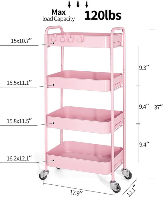 TOOLF 4-Tier Rolling Cart - Metal Storage Organizer with Lockable Wheels, 44 lbs Per Shelf Capacity, Tool-Free Assembly, for Kitchen Bathroom Office Laundry Room Nursery, Pink