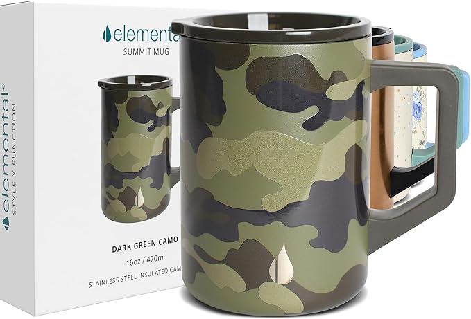 Elemental Insulated Coffee Mug - Triple-Wall Stainless Steel Summit Travel Cup for Hot and Cold Drinks - Thermal Coffee Mug with Lid and Handle for Camping, Office & Travel 16oz - Dark Green Camo