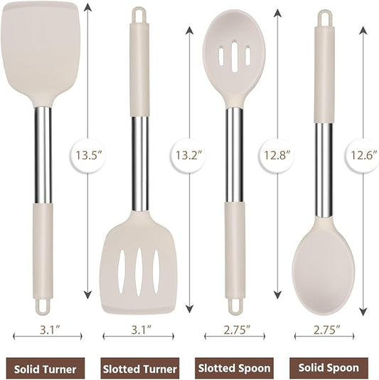 E-far Cooking Utensils Set of 4, Silicone Kitchen Utensils for Non-stick Cookware, Heat Resistant & Non-toxic Slotted Spatula Solid Spoon Turner for Flipping Mixing Serving Basting(Khaki)